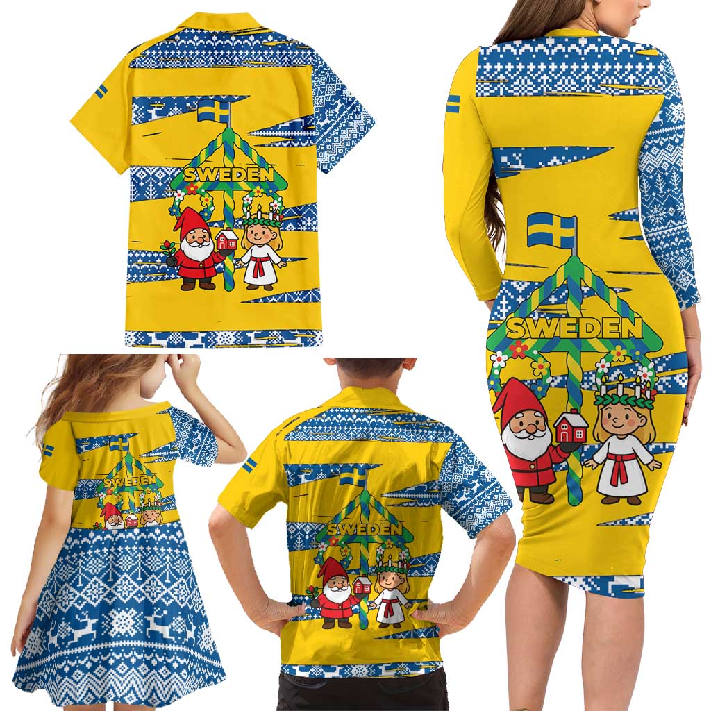 Sweden Christmas Family Matching Long Sleeve Bodycon Dress and Hawaiian Shirt with Santa Lucia Girl Midsummer Pole Swedish Flag and Nordic Pattern Design - Wonder Print Shop