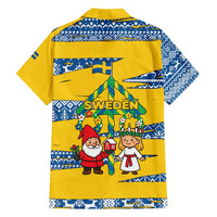 Sweden Christmas Family Matching Long Sleeve Bodycon Dress and Hawaiian Shirt with Santa Lucia Girl Midsummer Pole Swedish Flag and Nordic Pattern Design - Wonder Print Shop
