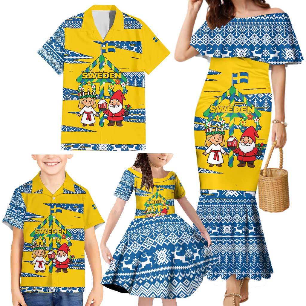 Sweden Christmas Family Matching Mermaid Dress and Hawaiian Shirt with Santa Lucia Girl Midsummer Pole Swedish Flag and Nordic Pattern Design - Wonder Print Shop