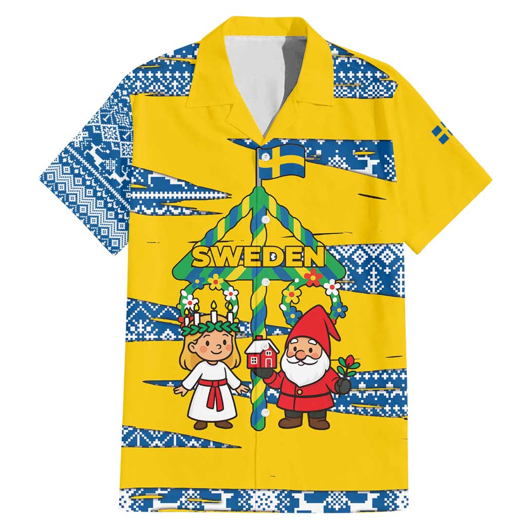Sweden Christmas Family Matching Mermaid Dress and Hawaiian Shirt with Santa Lucia Girl Midsummer Pole Swedish Flag and Nordic Pattern Design - Wonder Print Shop