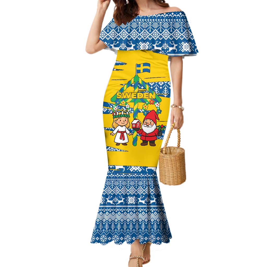 Sweden Christmas Family Matching Mermaid Dress and Hawaiian Shirt with Santa Lucia Girl Midsummer Pole Swedish Flag and Nordic Pattern Design - Wonder Print Shop