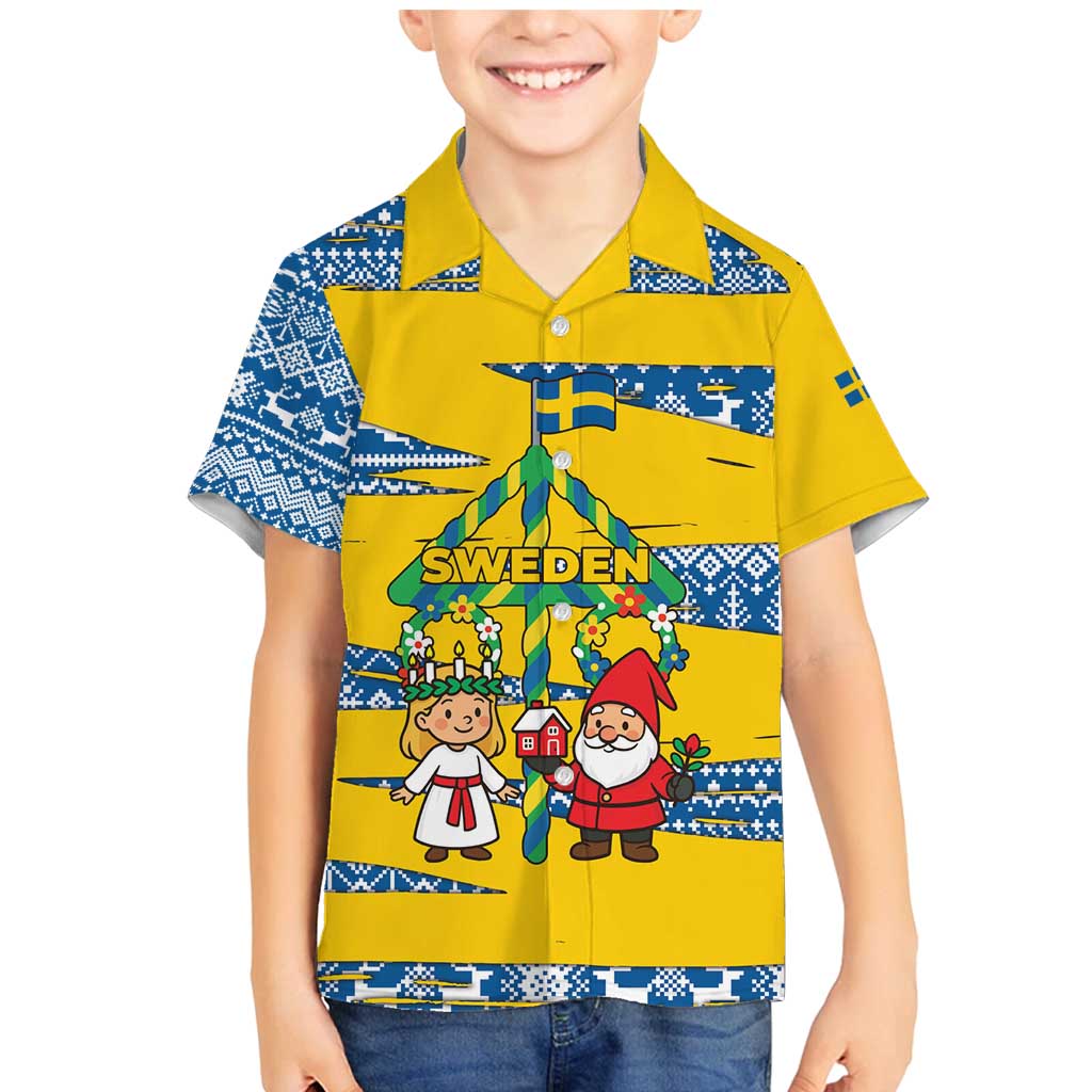 Sweden Christmas Family Matching Mermaid Dress and Hawaiian Shirt with Santa Lucia Girl Midsummer Pole Swedish Flag and Nordic Pattern Design - Wonder Print Shop