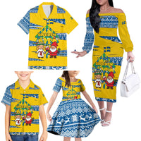 Sweden Christmas Family Matching Off The Shoulder Long Sleeve Dress and Hawaiian Shirt with Santa Lucia Girl Midsummer Pole Swedish Flag and Nordic Pattern Design - Wonder Print Shop