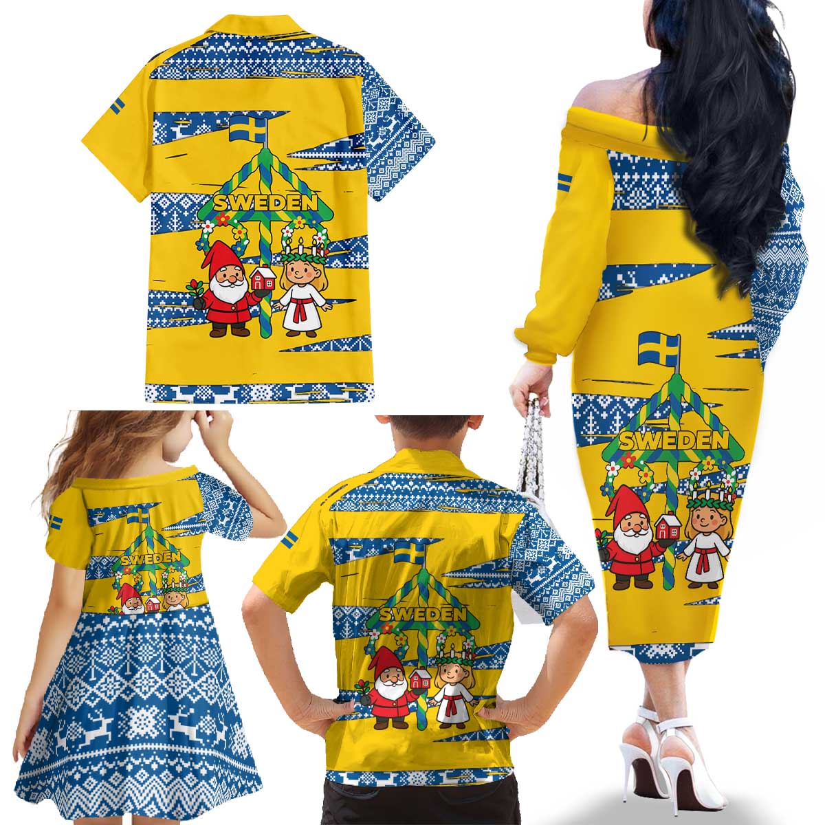 Sweden Christmas Family Matching Off The Shoulder Long Sleeve Dress and Hawaiian Shirt with Santa Lucia Girl Midsummer Pole Swedish Flag and Nordic Pattern Design - Wonder Print Shop