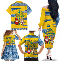 Sweden Christmas Family Matching Off The Shoulder Long Sleeve Dress and Hawaiian Shirt with Santa Lucia Girl Midsummer Pole Swedish Flag and Nordic Pattern Design - Wonder Print Shop
