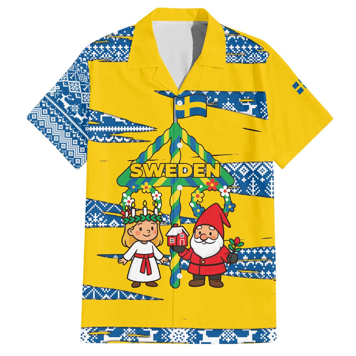 Sweden Christmas Family Matching Off The Shoulder Long Sleeve Dress and Hawaiian Shirt with Santa Lucia Girl Midsummer Pole Swedish Flag and Nordic Pattern Design - Wonder Print Shop