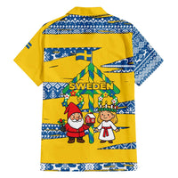 Sweden Christmas Family Matching Off The Shoulder Long Sleeve Dress and Hawaiian Shirt with Santa Lucia Girl Midsummer Pole Swedish Flag and Nordic Pattern Design - Wonder Print Shop