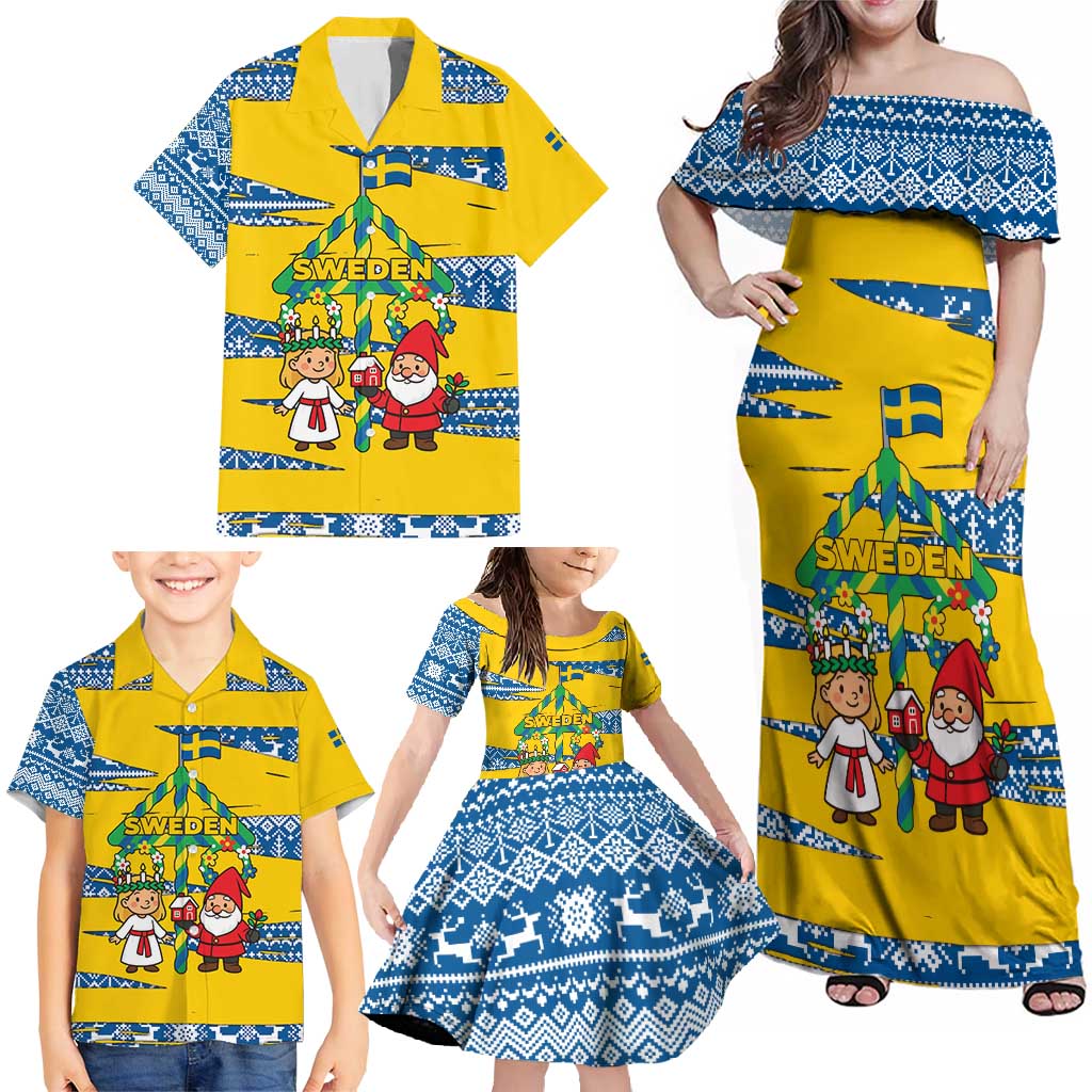 Sweden Christmas Family Matching Off Shoulder Maxi Dress and Hawaiian Shirt with Santa Lucia Girl Midsummer Pole Swedish Flag and Nordic Pattern Design - Wonder Print Shop
