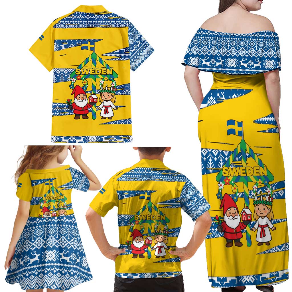Sweden Christmas Family Matching Off Shoulder Maxi Dress and Hawaiian Shirt with Santa Lucia Girl Midsummer Pole Swedish Flag and Nordic Pattern Design - Wonder Print Shop