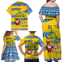 Sweden Christmas Family Matching Off Shoulder Maxi Dress and Hawaiian Shirt with Santa Lucia Girl Midsummer Pole Swedish Flag and Nordic Pattern Design - Wonder Print Shop
