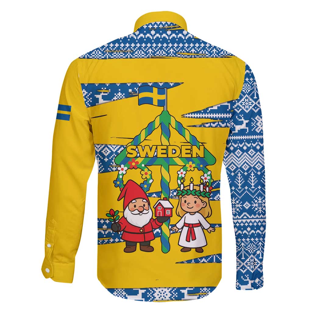 Sweden Christmas Family Matching Off Shoulder Maxi Dress and Hawaiian Shirt with Santa Lucia Girl Midsummer Pole Swedish Flag and Nordic Pattern Design - Wonder Print Shop