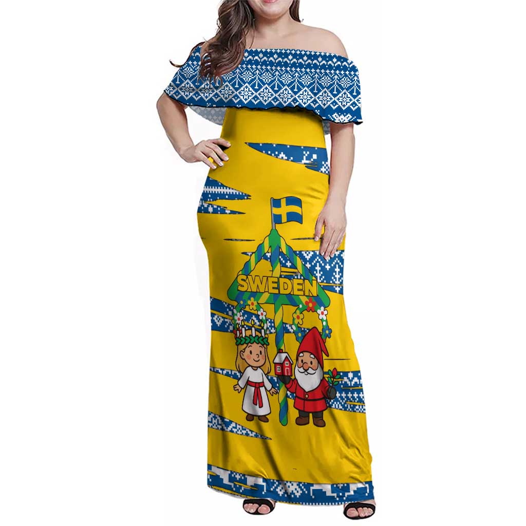 Sweden Christmas Family Matching Off Shoulder Maxi Dress and Hawaiian Shirt with Santa Lucia Girl Midsummer Pole Swedish Flag and Nordic Pattern Design - Wonder Print Shop