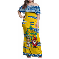 Sweden Christmas Family Matching Off Shoulder Maxi Dress and Hawaiian Shirt with Santa Lucia Girl Midsummer Pole Swedish Flag and Nordic Pattern Design - Wonder Print Shop