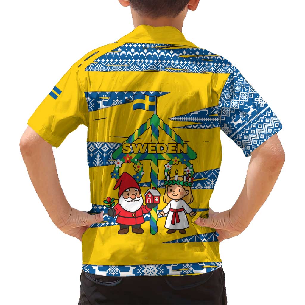 Sweden Christmas Family Matching Off Shoulder Short Dress and Hawaiian Shirt with Santa Lucia Girl Midsummer Pole Swedish Flag and Nordic Pattern Design - Wonder Print Shop