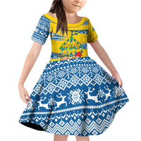 Sweden Christmas Family Matching Off Shoulder Short Dress and Hawaiian Shirt with Santa Lucia Girl Midsummer Pole Swedish Flag and Nordic Pattern Design - Wonder Print Shop
