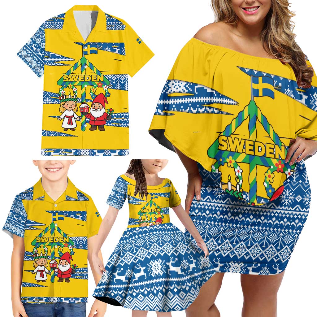 Sweden Christmas Family Matching Off Shoulder Short Dress and Hawaiian Shirt with Santa Lucia Girl Midsummer Pole Swedish Flag and Nordic Pattern Design - Wonder Print Shop
