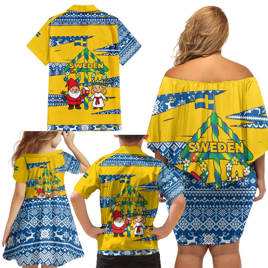 Sweden Christmas Family Matching Off Shoulder Short Dress and Hawaiian Shirt with Santa Lucia Girl Midsummer Pole Swedish Flag and Nordic Pattern Design - Wonder Print Shop