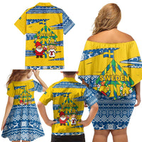 Sweden Christmas Family Matching Off Shoulder Short Dress and Hawaiian Shirt with Santa Lucia Girl Midsummer Pole Swedish Flag and Nordic Pattern Design - Wonder Print Shop