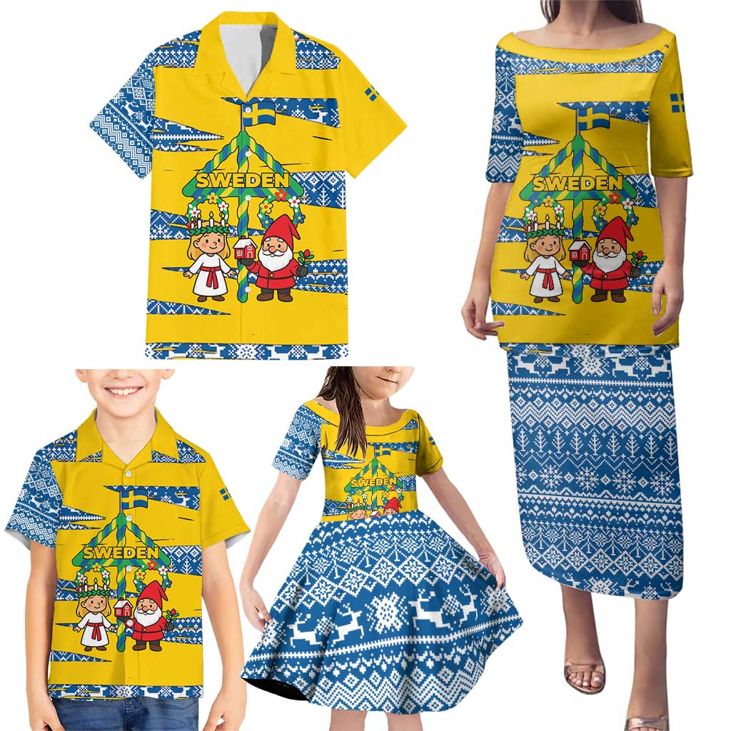 Sweden Christmas Family Matching Puletasi and Hawaiian Shirt with Santa Lucia Girl Midsummer Pole Swedish Flag and Nordic Pattern Design - Wonder Print Shop
