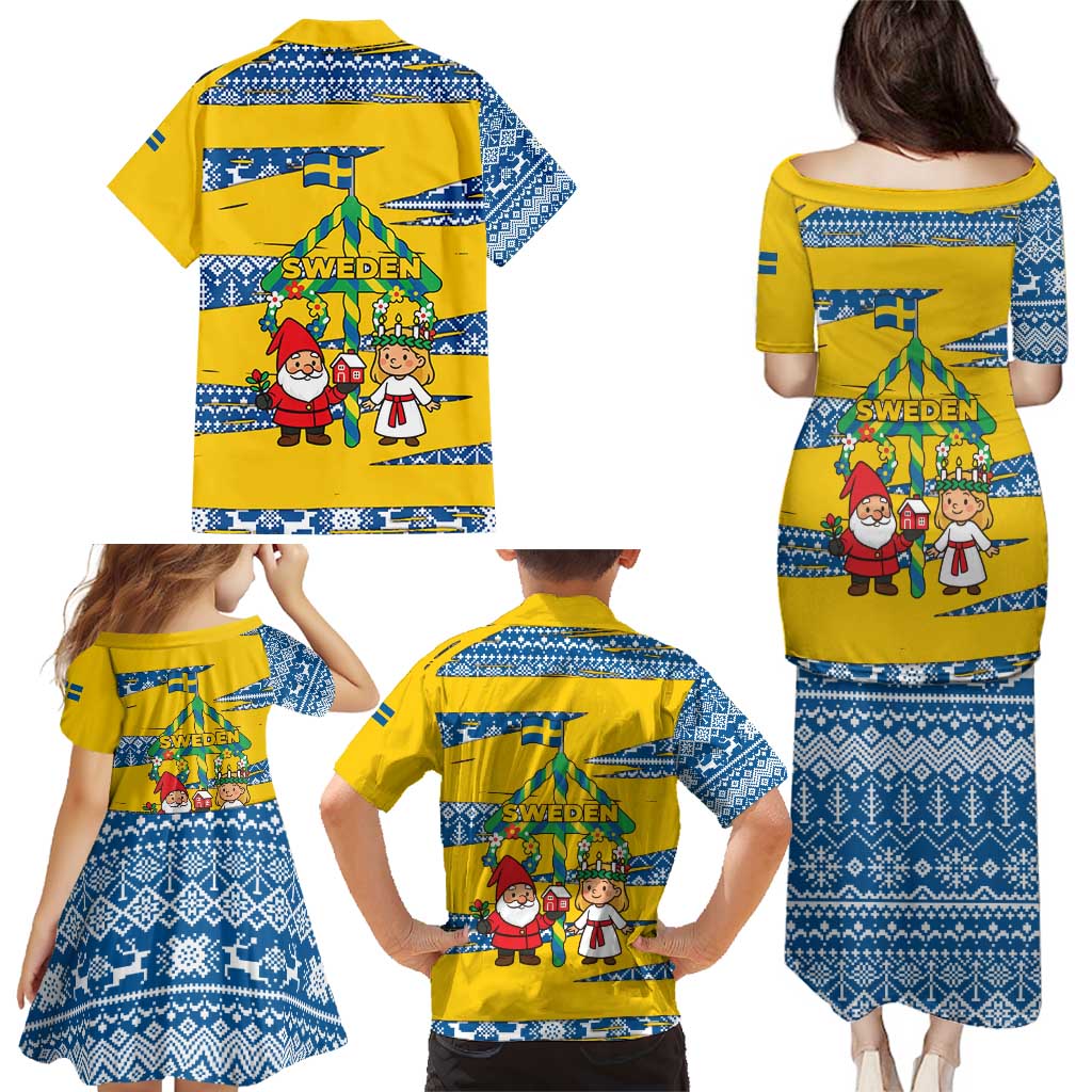 Sweden Christmas Family Matching Puletasi and Hawaiian Shirt with Santa Lucia Girl Midsummer Pole Swedish Flag and Nordic Pattern Design - Wonder Print Shop