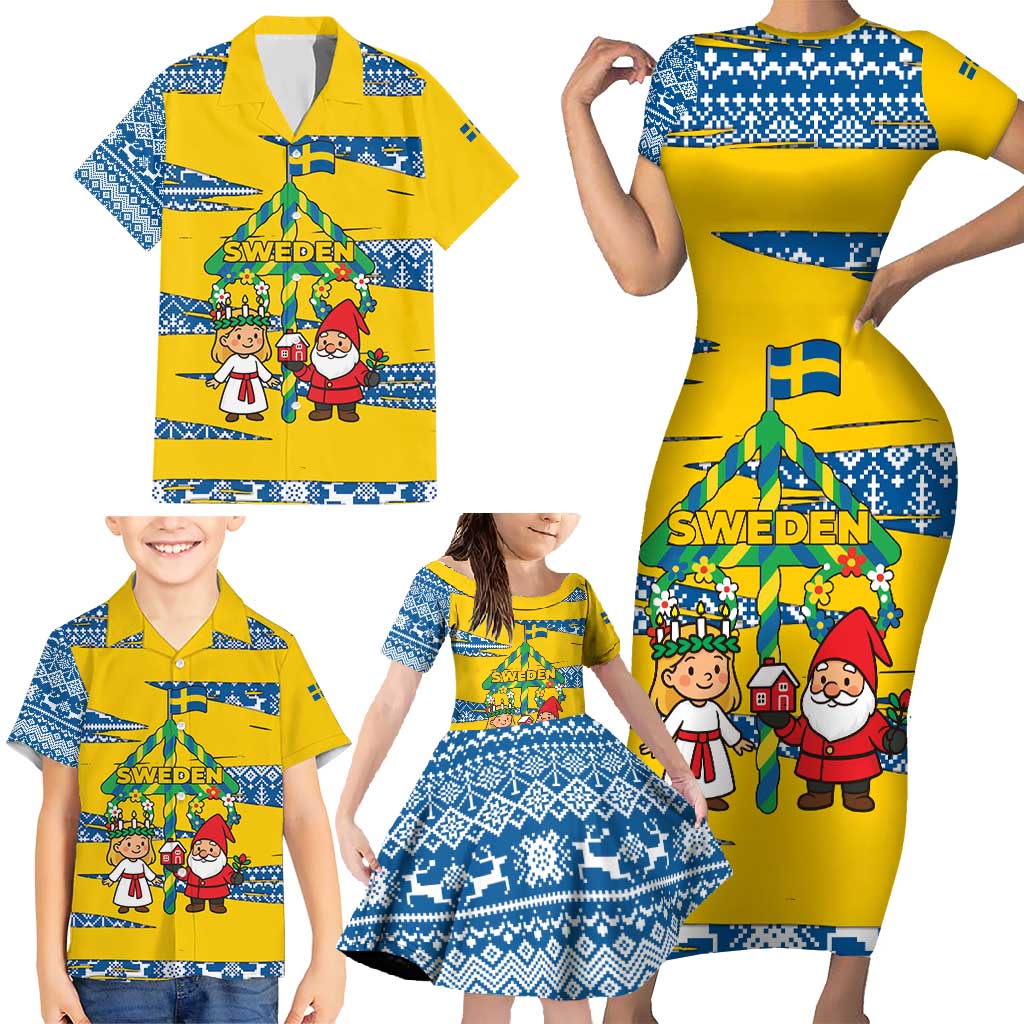 Sweden Christmas Family Matching Short Sleeve Bodycon Dress and Hawaiian Shirt with Santa Lucia Girl Midsummer Pole Swedish Flag and Nordic Pattern Design - Wonder Print Shop