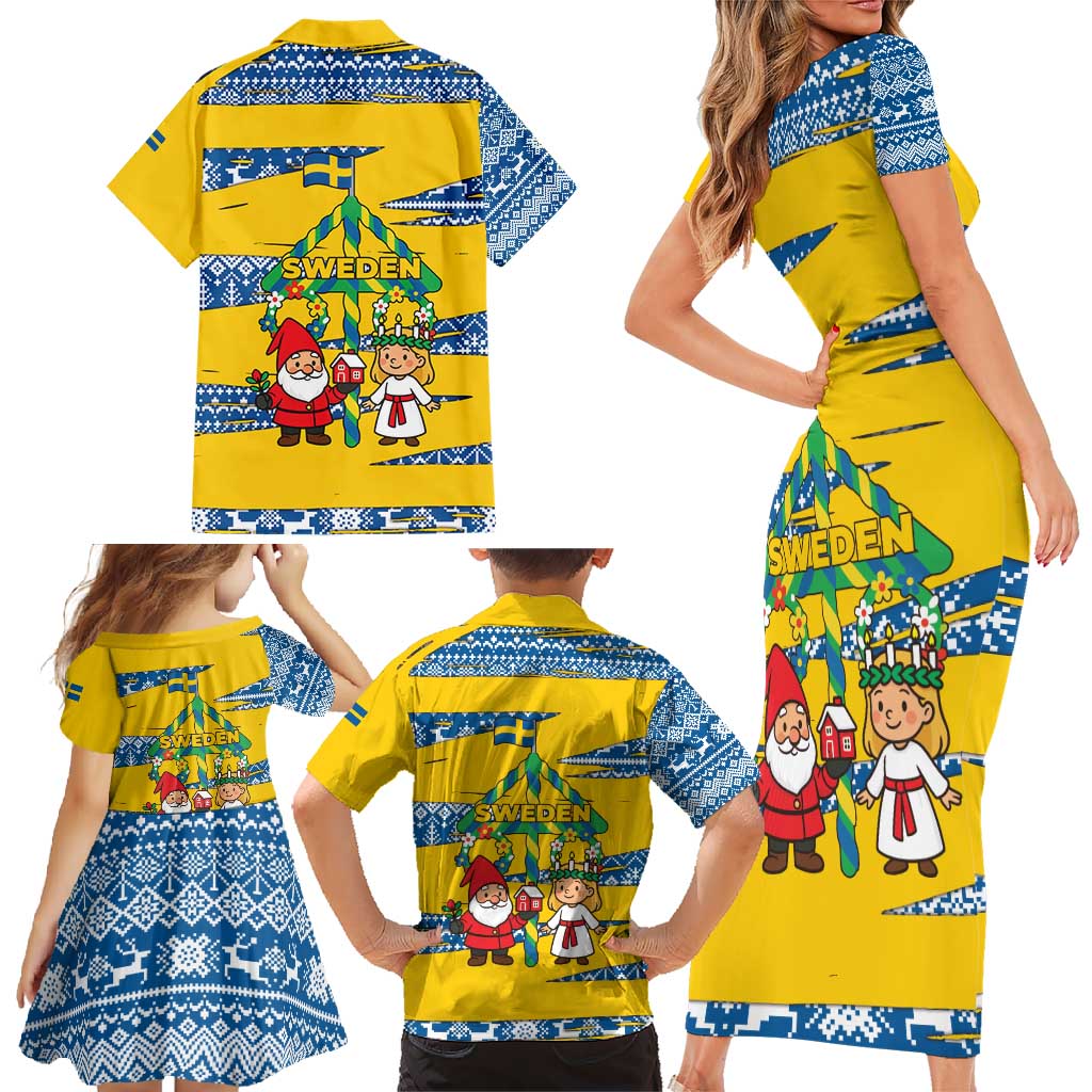Sweden Christmas Family Matching Short Sleeve Bodycon Dress and Hawaiian Shirt with Santa Lucia Girl Midsummer Pole Swedish Flag and Nordic Pattern Design - Wonder Print Shop