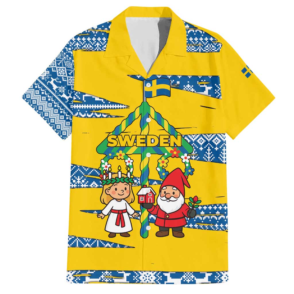 Sweden Christmas Family Matching Short Sleeve Bodycon Dress and Hawaiian Shirt with Santa Lucia Girl Midsummer Pole Swedish Flag and Nordic Pattern Design - Wonder Print Shop