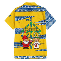 Sweden Christmas Family Matching Short Sleeve Bodycon Dress and Hawaiian Shirt with Santa Lucia Girl Midsummer Pole Swedish Flag and Nordic Pattern Design - Wonder Print Shop