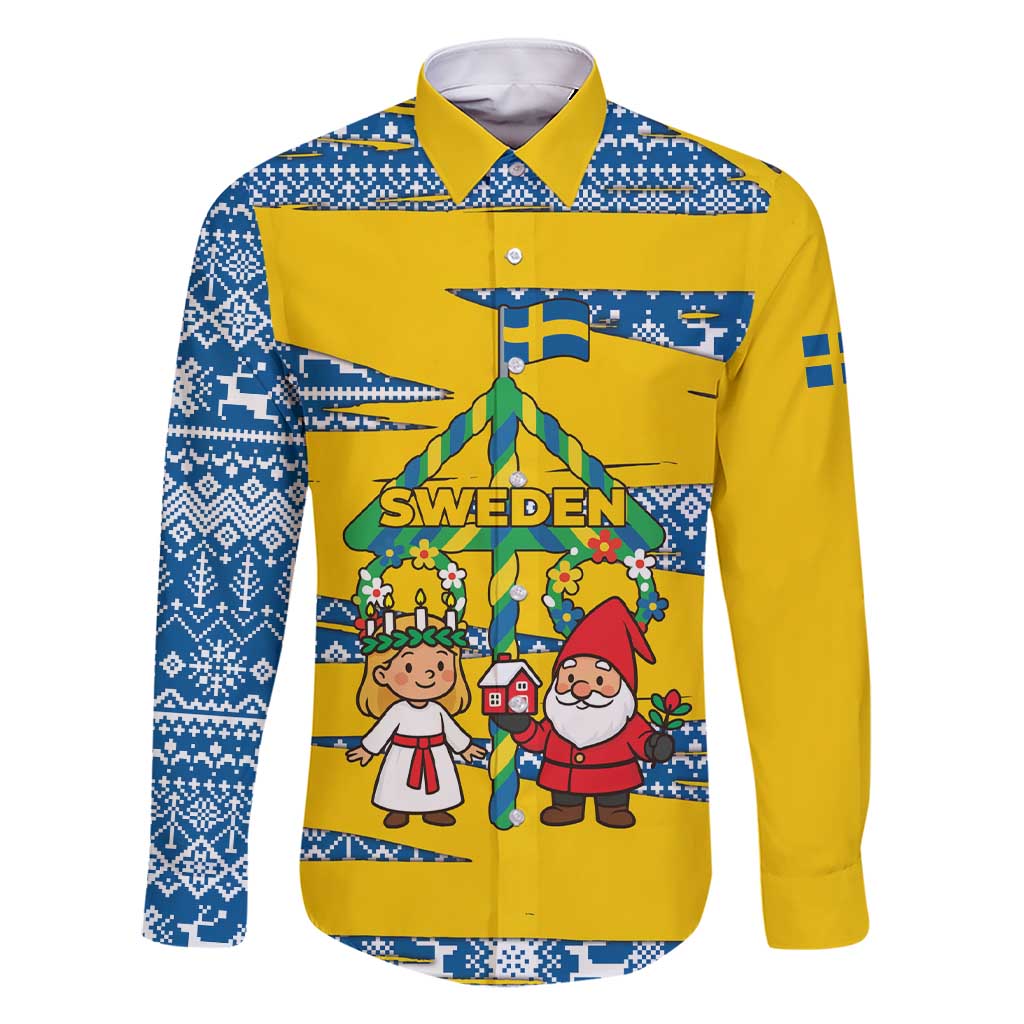 Sweden Christmas Family Matching Short Sleeve Bodycon Dress and Hawaiian Shirt with Santa Lucia Girl Midsummer Pole Swedish Flag and Nordic Pattern Design - Wonder Print Shop