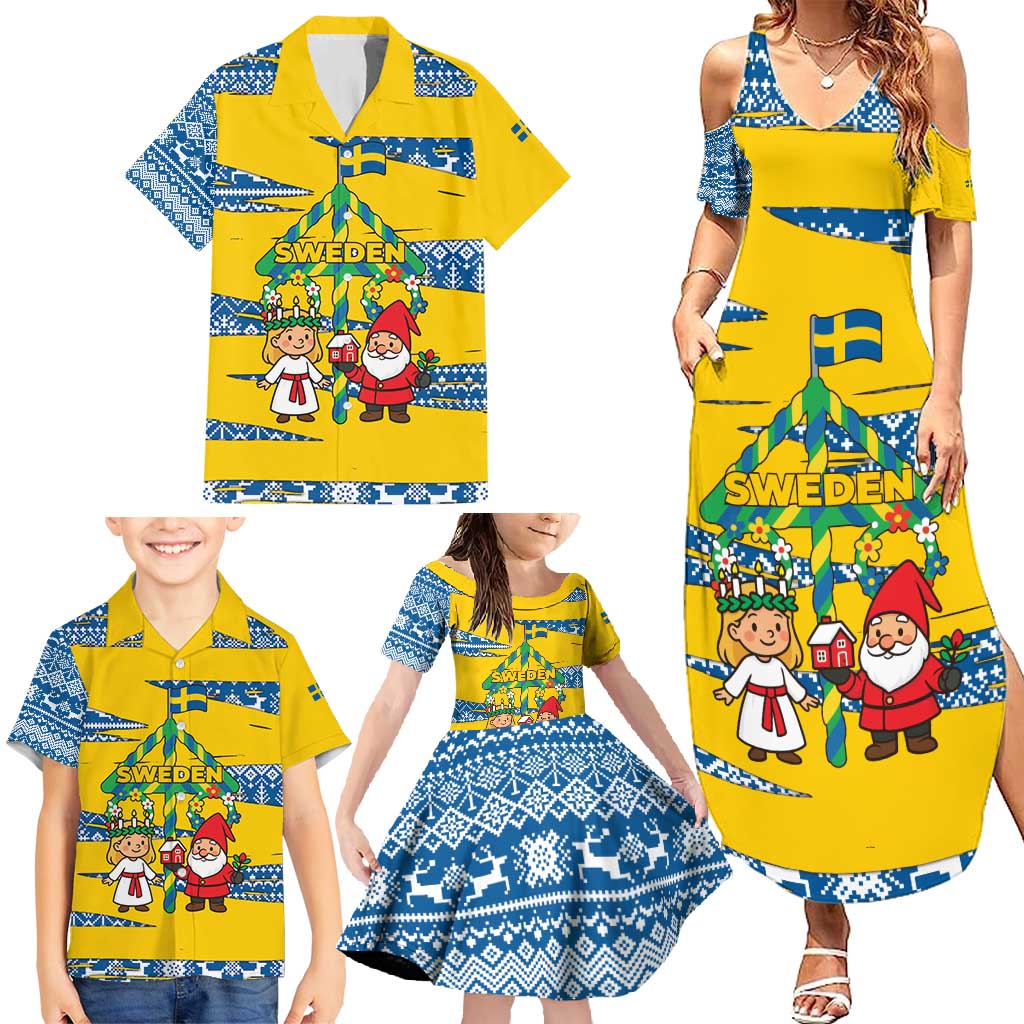Sweden Christmas Family Matching Summer Maxi Dress and Hawaiian Shirt with Santa Lucia Girl Midsummer Pole Swedish Flag and Nordic Pattern Design - Wonder Print Shop