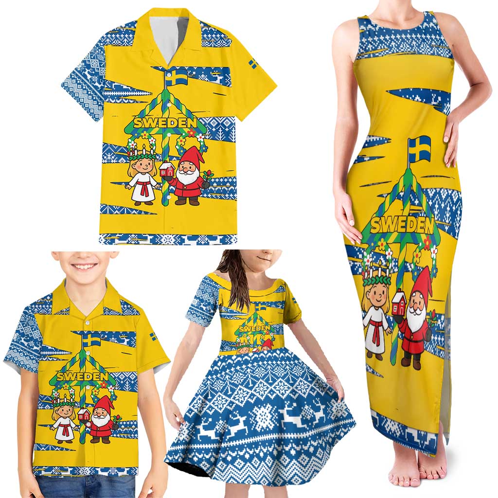 Sweden Christmas Family Matching Tank Maxi Dress and Hawaiian Shirt with Santa Lucia Girl Midsummer Pole Swedish Flag and Nordic Pattern Design - Wonder Print Shop