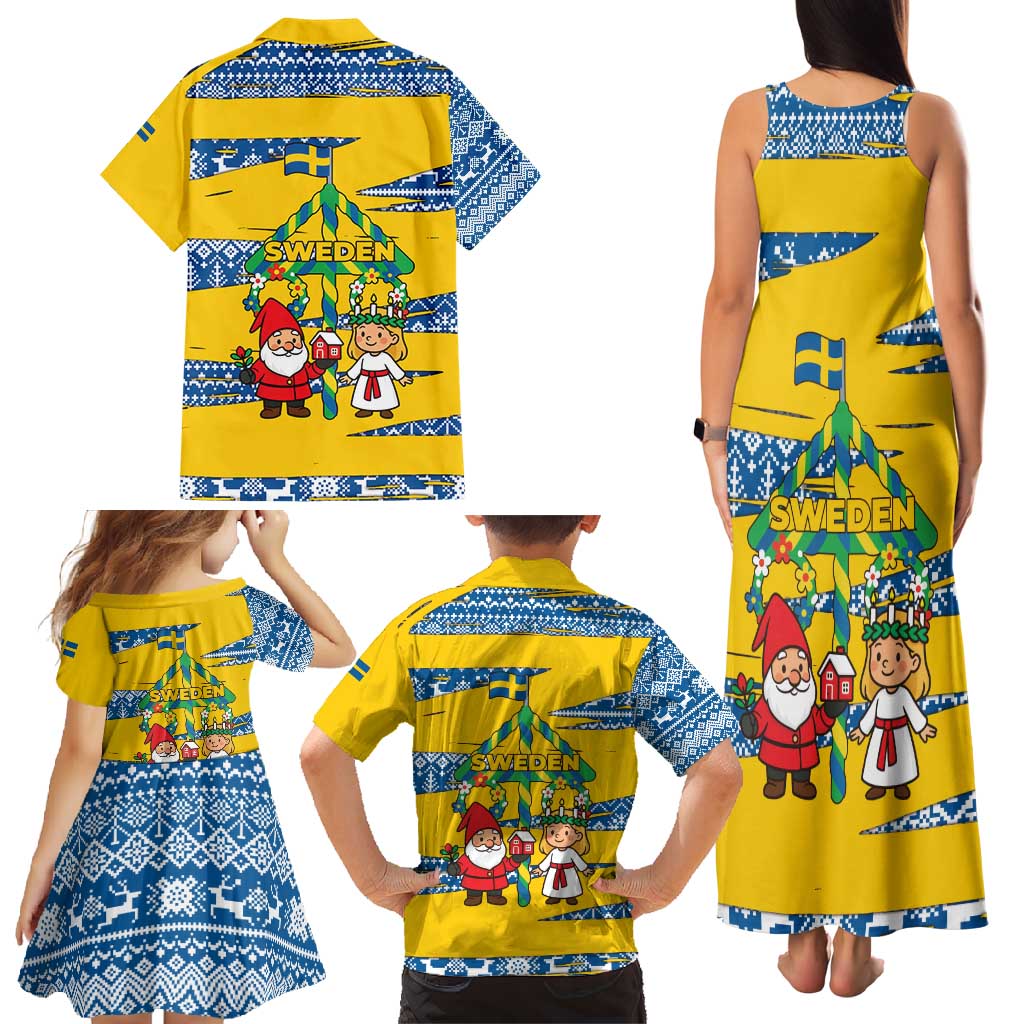 Sweden Christmas Family Matching Tank Maxi Dress and Hawaiian Shirt with Santa Lucia Girl Midsummer Pole Swedish Flag and Nordic Pattern Design - Wonder Print Shop