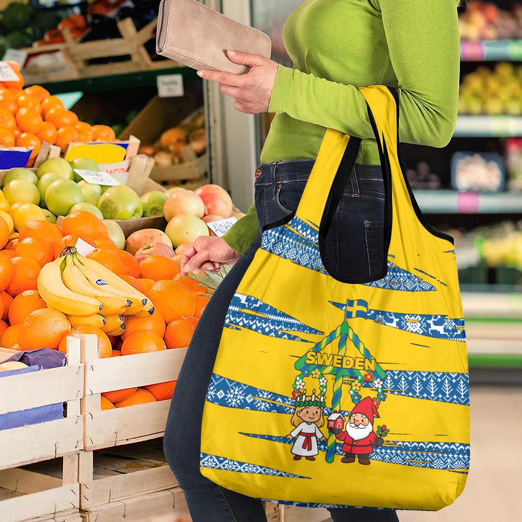 Sweden Christmas Grocery Bag with Santa Lucia Girl Midsummer Pole Swedish Flag and Nordic Pattern Design - Wonder Print Shop