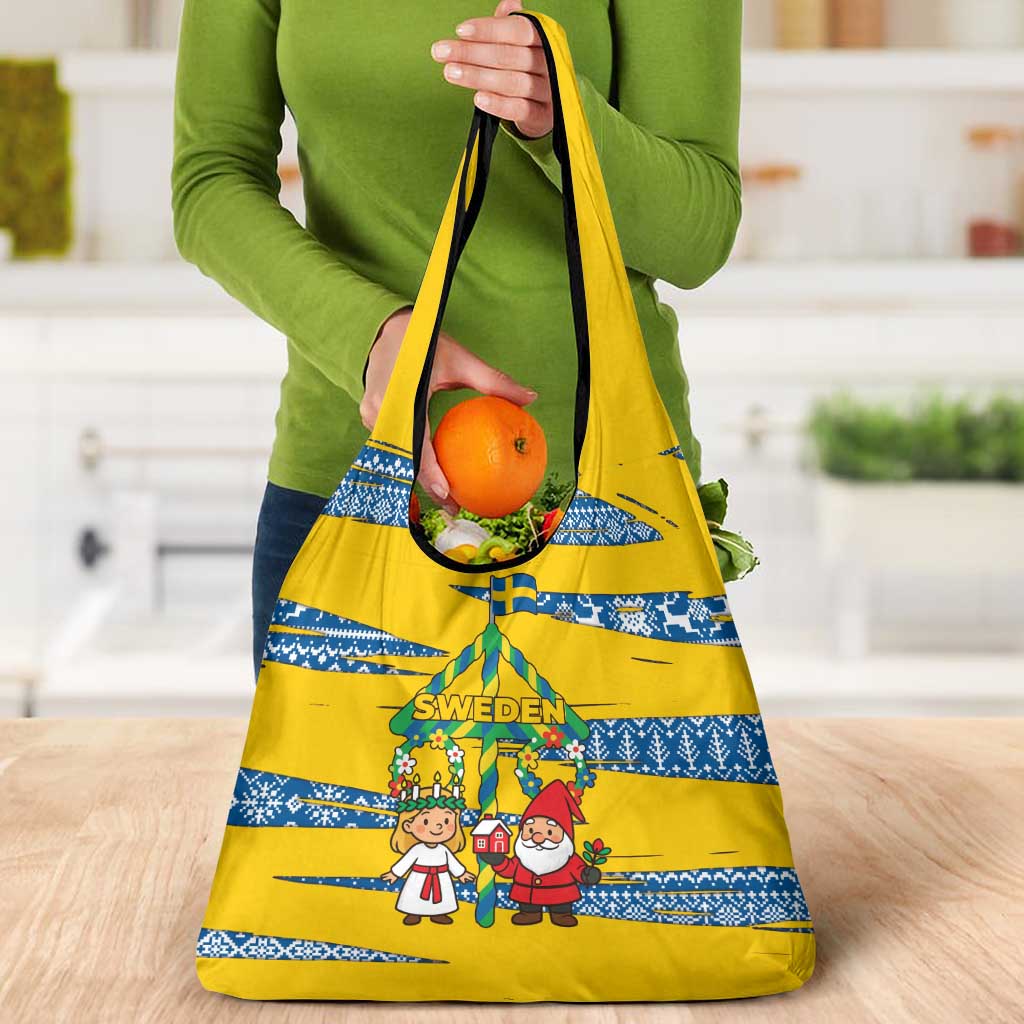 Sweden Christmas Grocery Bag with Santa Lucia Girl Midsummer Pole Swedish Flag and Nordic Pattern Design - Wonder Print Shop
