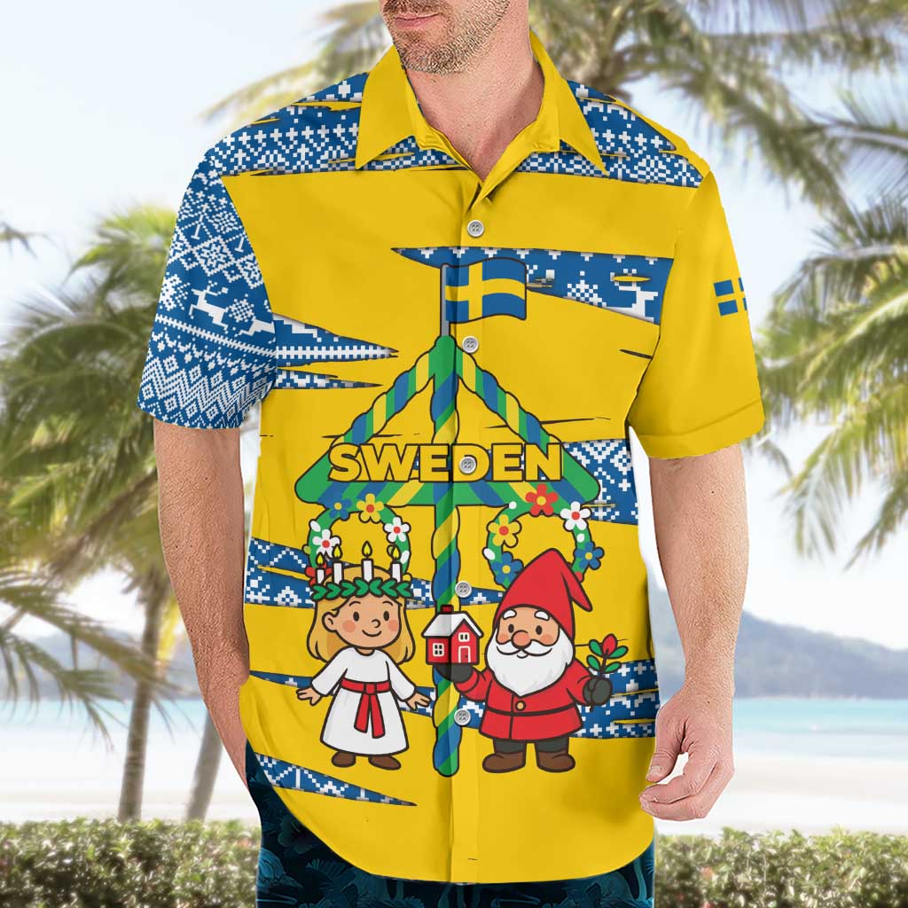 Sweden Christmas Hawaiian Shirt with Santa Lucia Girl Midsummer Pole Swedish Flag and Nordic Pattern Design - Wonder Print Shop