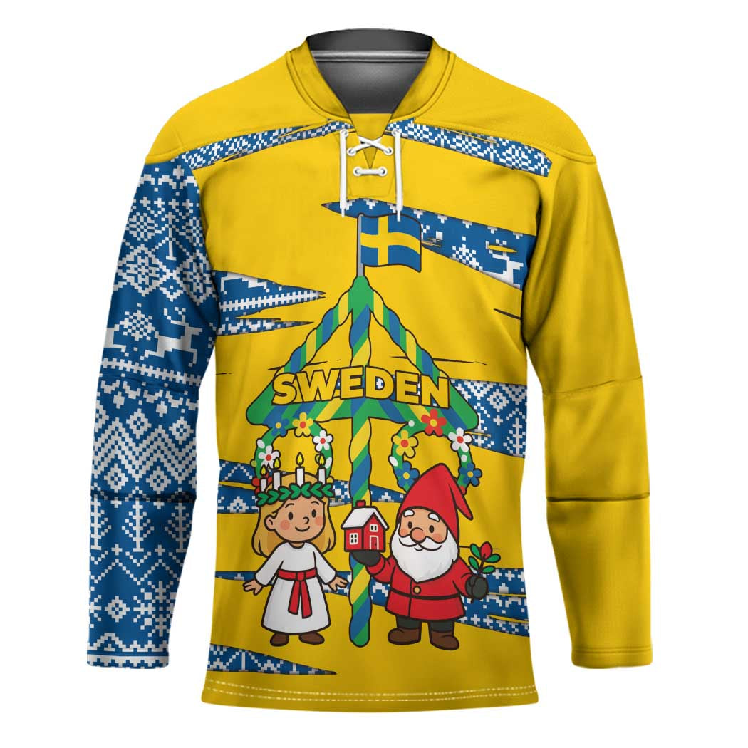 Sweden Christmas Hockey Jersey with Santa Lucia Girl Midsummer Pole Swedish Flag and Nordic Pattern Design - Wonder Print Shop