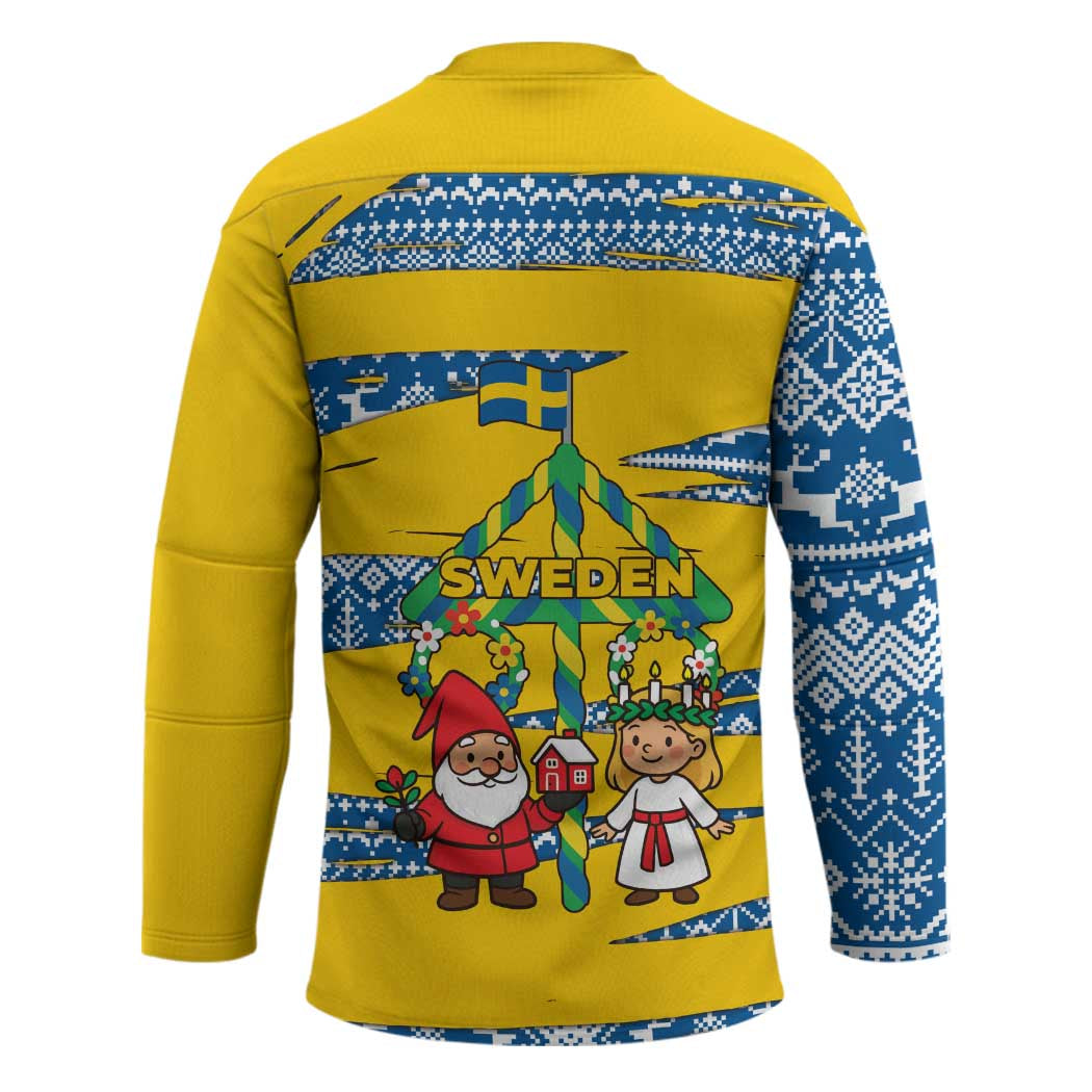 Sweden Christmas Hockey Jersey with Santa Lucia Girl Midsummer Pole Swedish Flag and Nordic Pattern Design - Wonder Print Shop