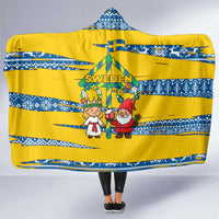 Sweden Christmas Hooded Blanket with Santa Lucia Girl Midsummer Pole Swedish Flag and Nordic Pattern Design - Wonder Print Shop