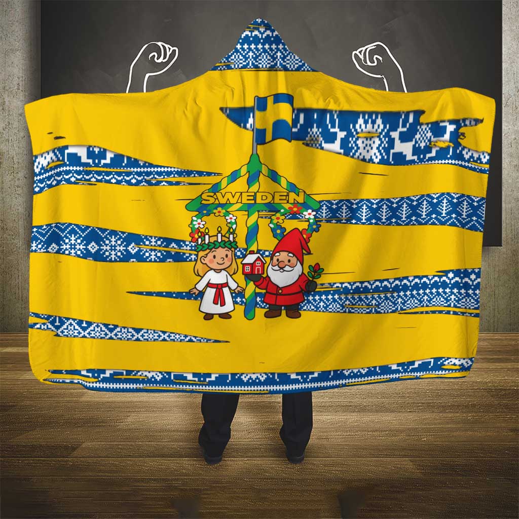 Sweden Christmas Hooded Blanket with Santa Lucia Girl Midsummer Pole Swedish Flag and Nordic Pattern Design - Wonder Print Shop