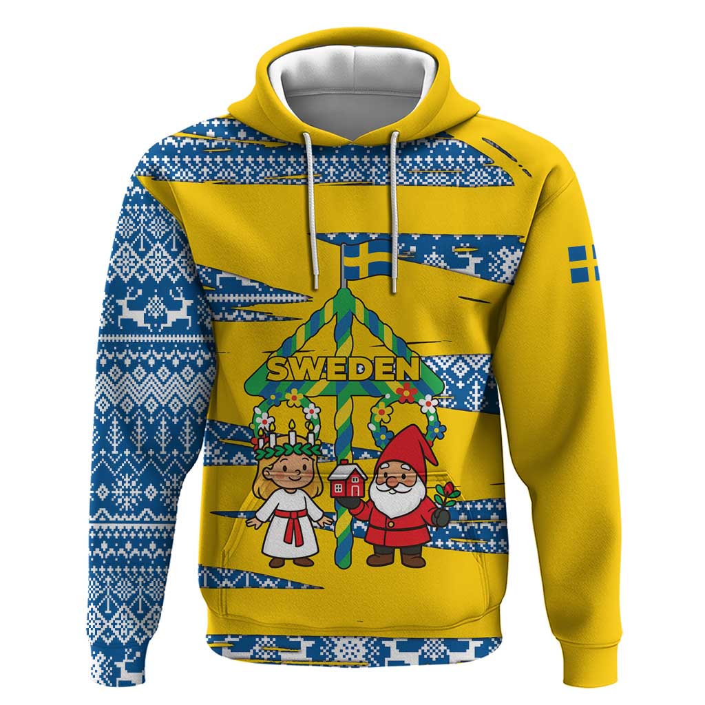 Sweden Christmas Hoodie with Santa Lucia Girl Midsummer Pole Swedish Flag and Nordic Pattern Design - Wonder Print Shop