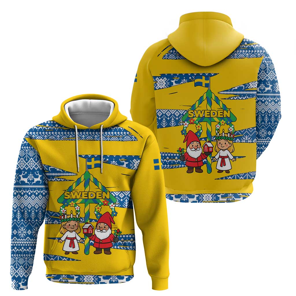 Sweden Christmas Hoodie with Santa Lucia Girl Midsummer Pole Swedish Flag and Nordic Pattern Design - Wonder Print Shop