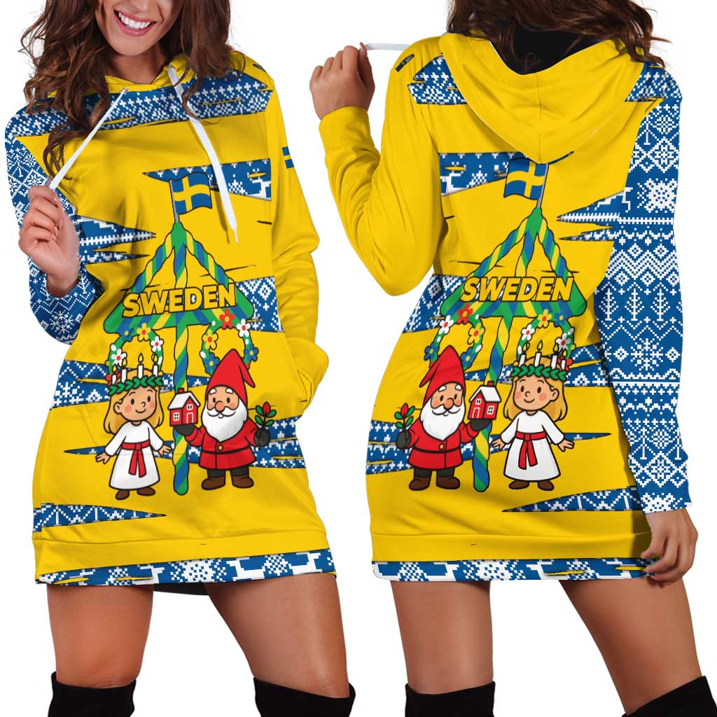 Sweden Christmas Hoodie Dress with Santa Lucia Girl Midsummer Pole Swedish Flag and Nordic Pattern Design - Wonder Print Shop