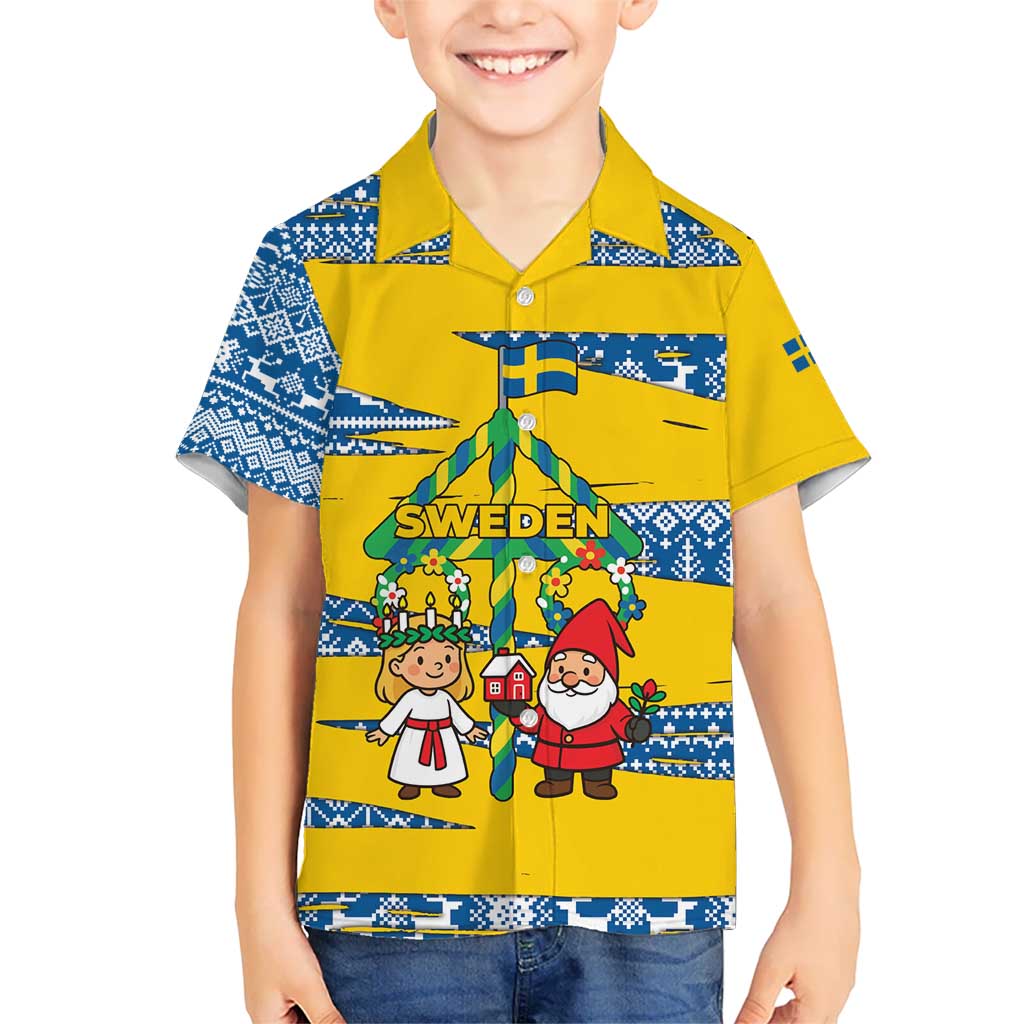 Sweden Christmas Kid Hawaiian Shirt with Santa Lucia Girl Midsummer Pole Swedish Flag and Nordic Pattern Design - Wonder Print Shop
