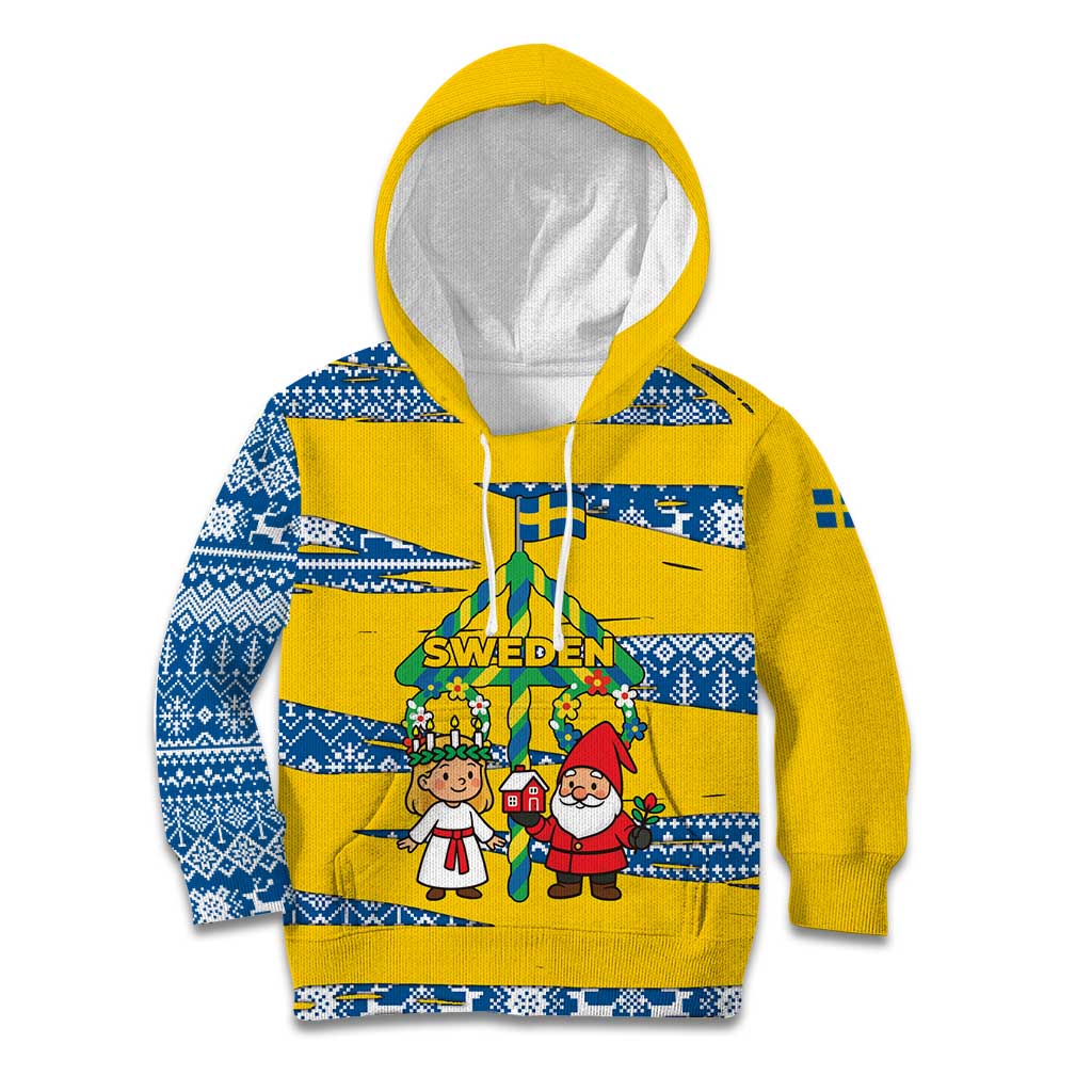Sweden Christmas Kid Hoodie with Santa Lucia Girl Midsummer Pole Swedish Flag and Nordic Pattern Design - Wonder Print Shop