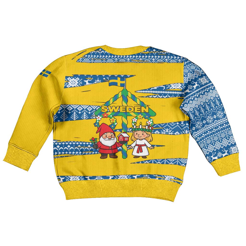 Sweden Christmas Kid Ugly Christmas Sweater with Santa Lucia Girl Midsummer Pole Swedish Flag and Nordic Pattern Design - Wonder Print Shop