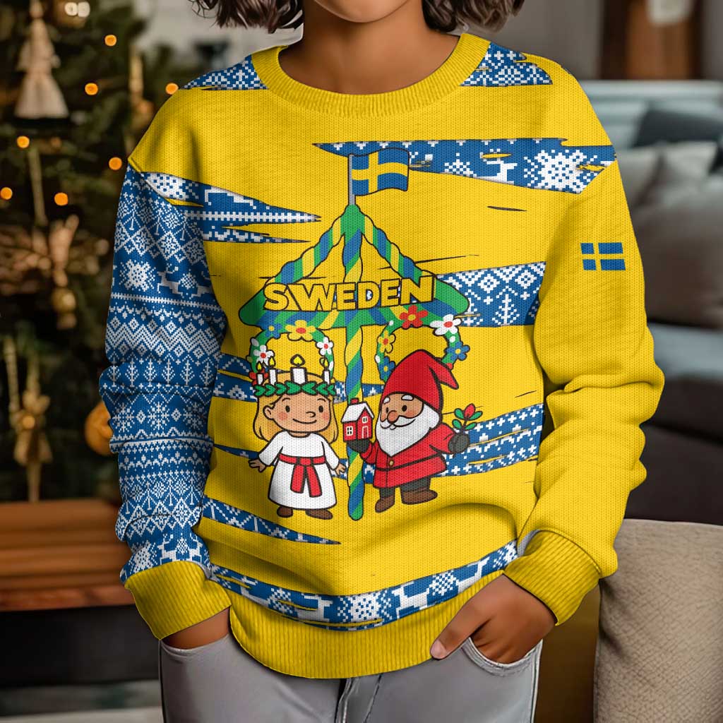 Sweden Christmas Kid Ugly Christmas Sweater with Santa Lucia Girl Midsummer Pole Swedish Flag and Nordic Pattern Design - Wonder Print Shop
