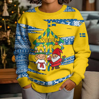 Sweden Christmas Kid Ugly Christmas Sweater with Santa Lucia Girl Midsummer Pole Swedish Flag and Nordic Pattern Design - Wonder Print Shop