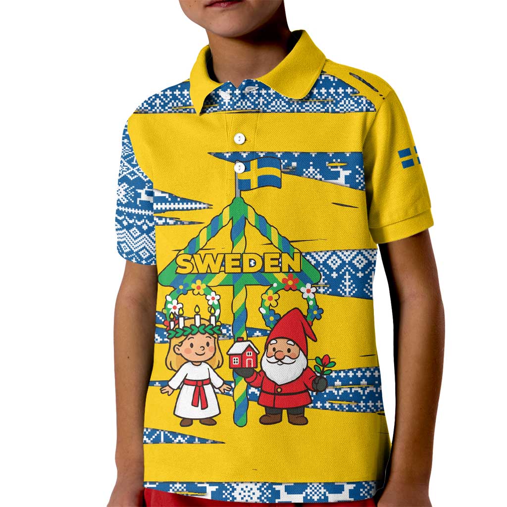 Sweden Christmas Kid Polo Shirt with Santa Lucia Girl Midsummer Pole Swedish Flag and Nordic Pattern Design - Wonder Print Shop