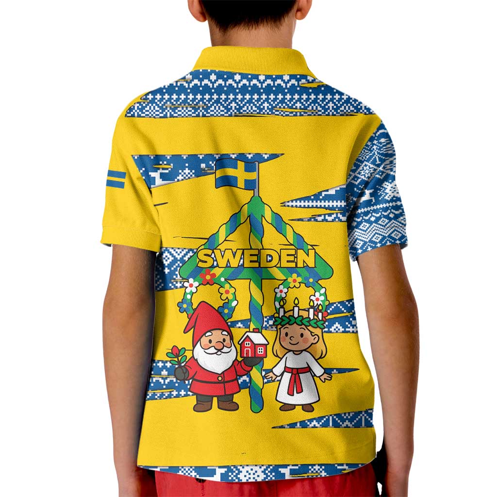 Sweden Christmas Kid Polo Shirt with Santa Lucia Girl Midsummer Pole Swedish Flag and Nordic Pattern Design - Wonder Print Shop