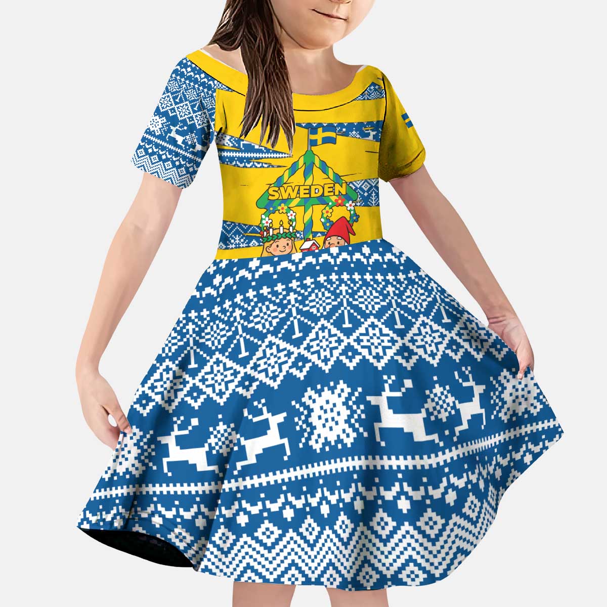 Sweden Christmas Kid Short Sleeve Dress with Santa Lucia Girl Midsummer Pole Swedish Flag and Nordic Pattern Design - Wonder Print Shop